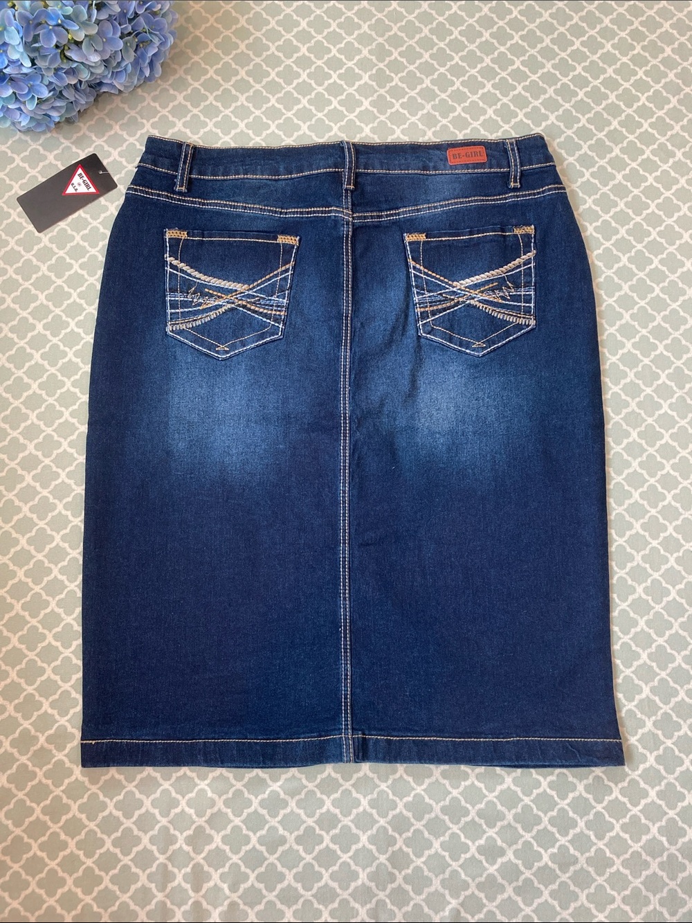 NWT Be-Girl Dark Denim Stretch Stitched Pocket Pencil Skirt XL